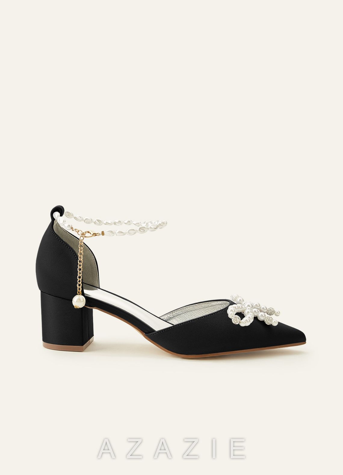 Matching Color Pearl Embellished Pointed Toe Matte Satin Block Heel Pumps Bow We