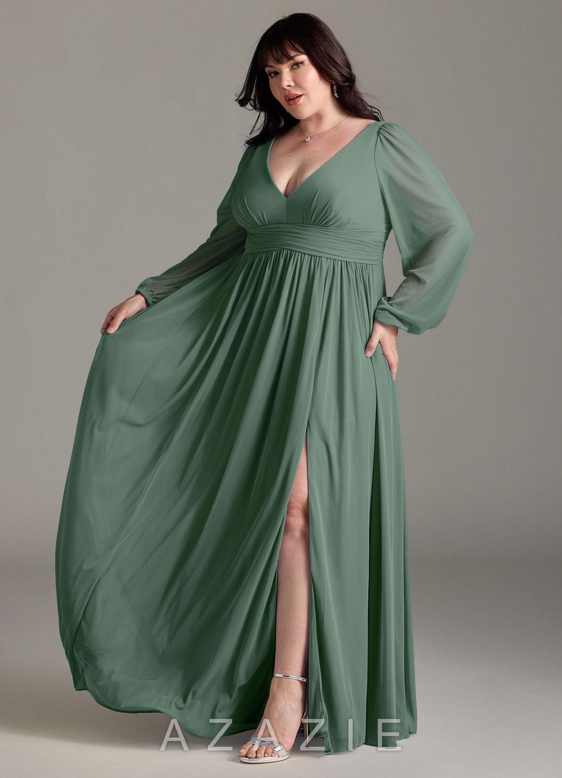 Azazie Norah Eucalyptus A-Line V-Neck Long Sleeve Chiffon Dress eucalyptus