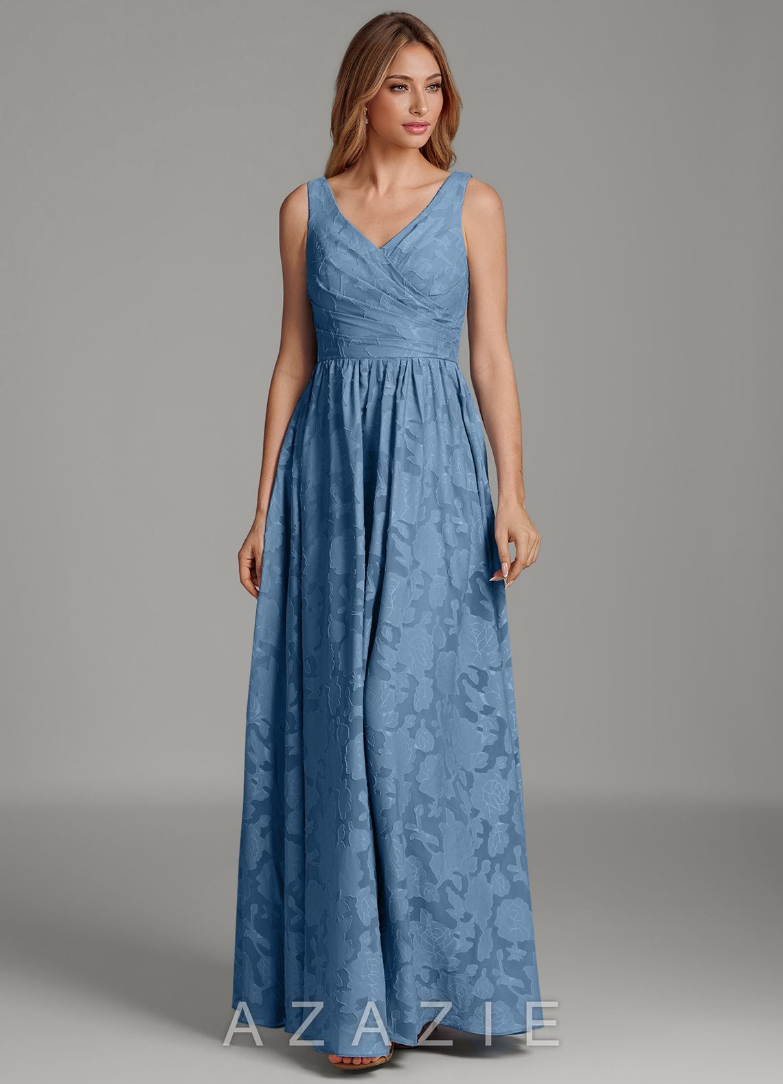 Azazie Keyla Steel Blue A-Line Pleated Floral Burnout Dress steel_blue