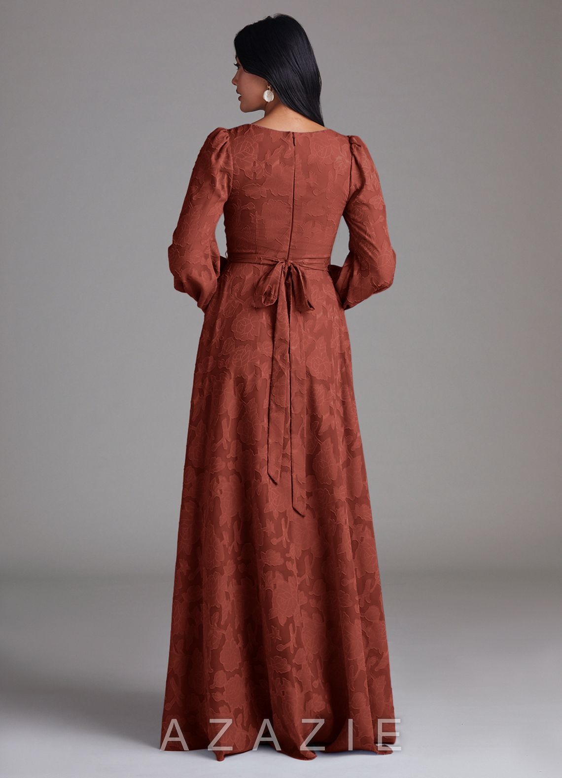 Azazie Leonia Terracotta A-Line Long Sleeve Floral Burnout Dress terracotta