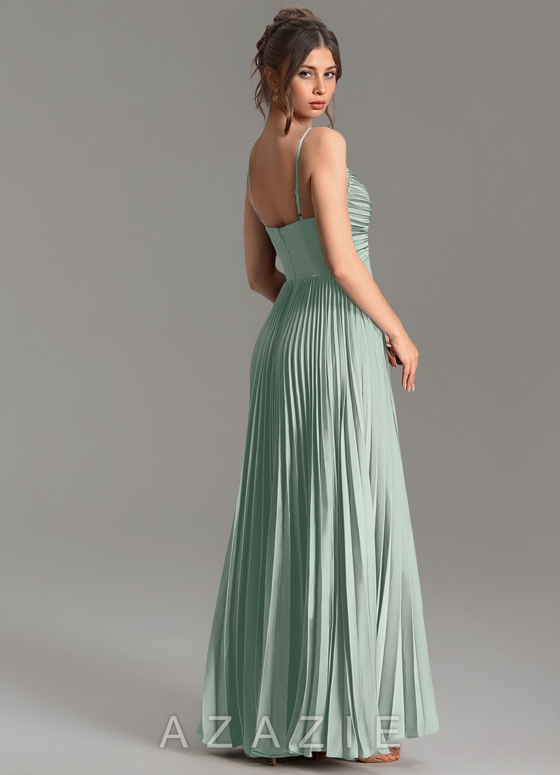 Azazie Blake Agave A-Line Pleated Stretch Satin Dress agave