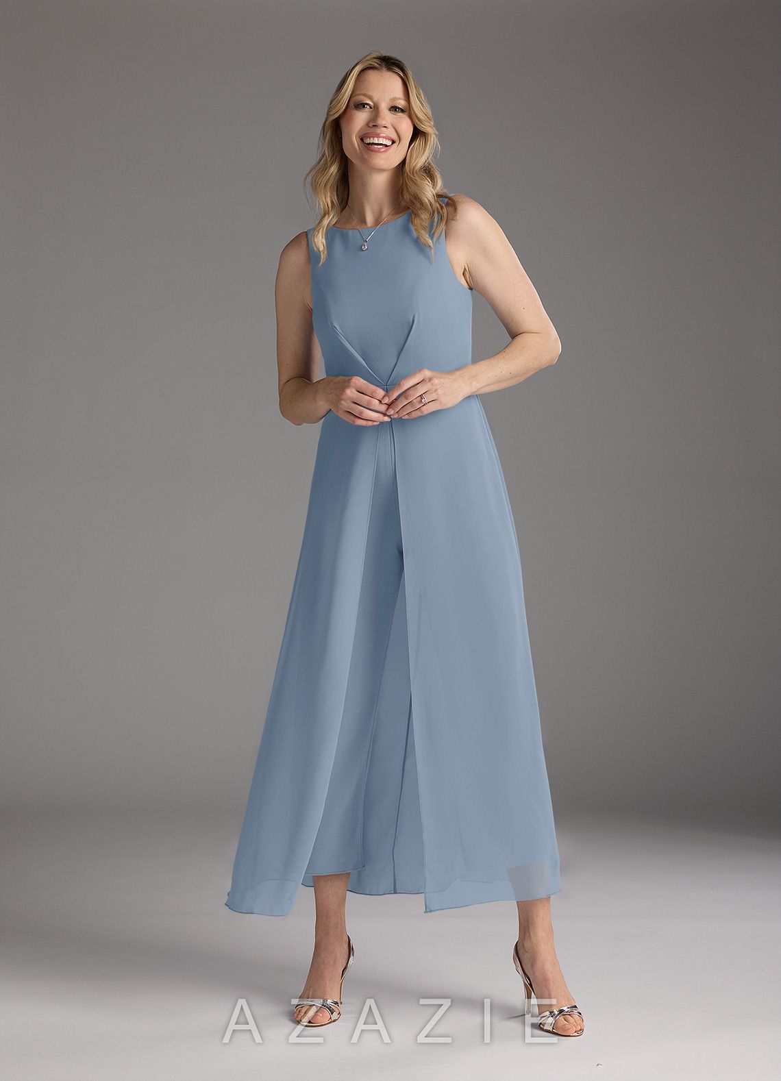 Azazie Anitta Dusty Blue Jumpsuit/Pantsuit Pleated Stretch Crepe Dress dusty_blue
