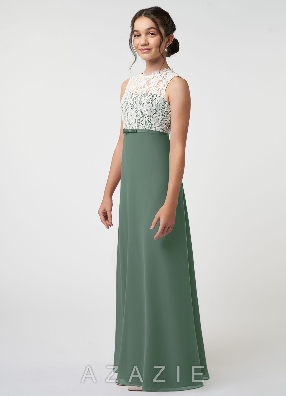 Azazie Rana Junior Eucalyptus A-Line Lace Chiffon Dress eucalyptus