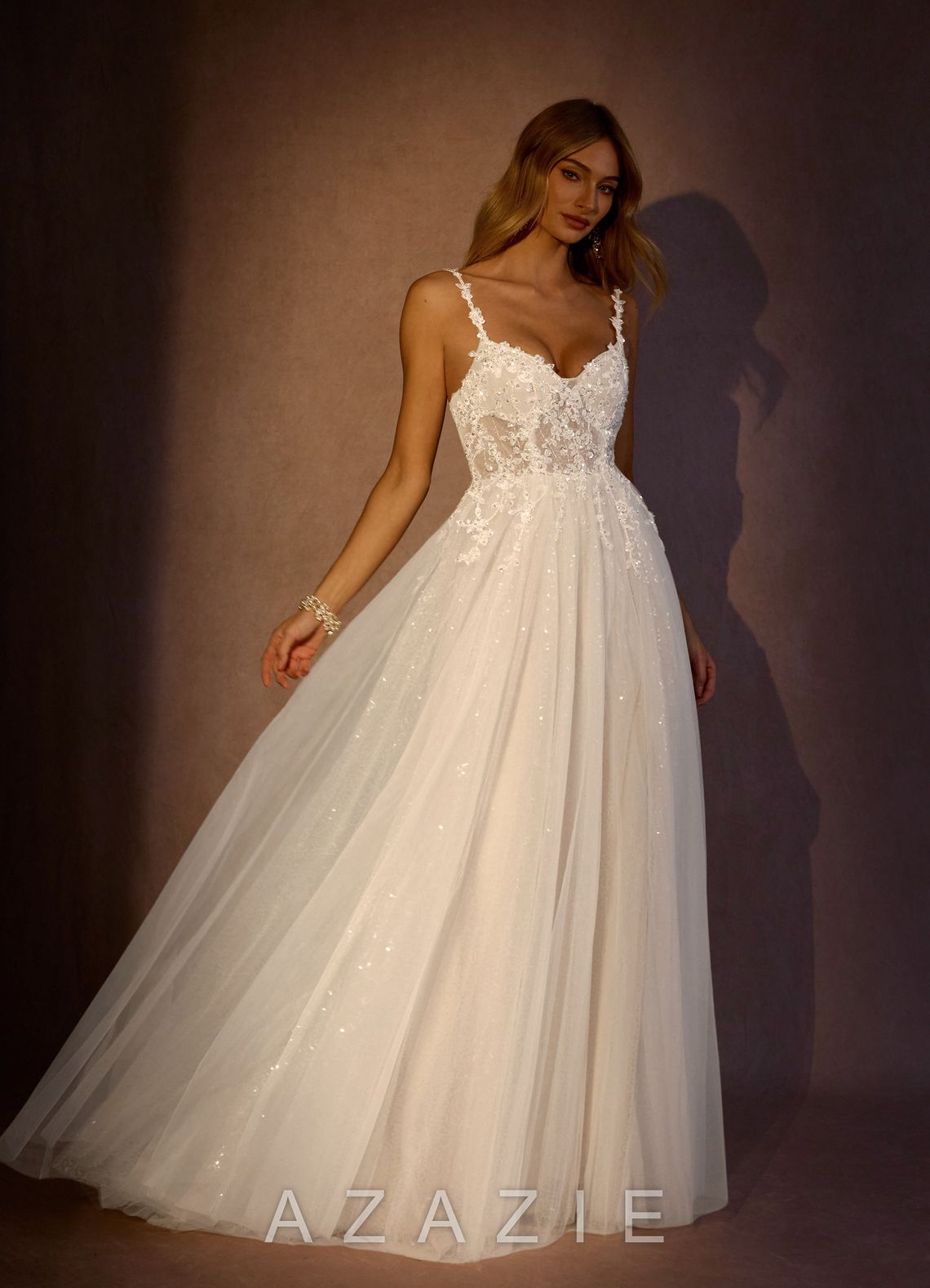 Azazie Florian Wedding Dress Diamond White A-Line V-Neck Sequins Tulle Dress diamond_white