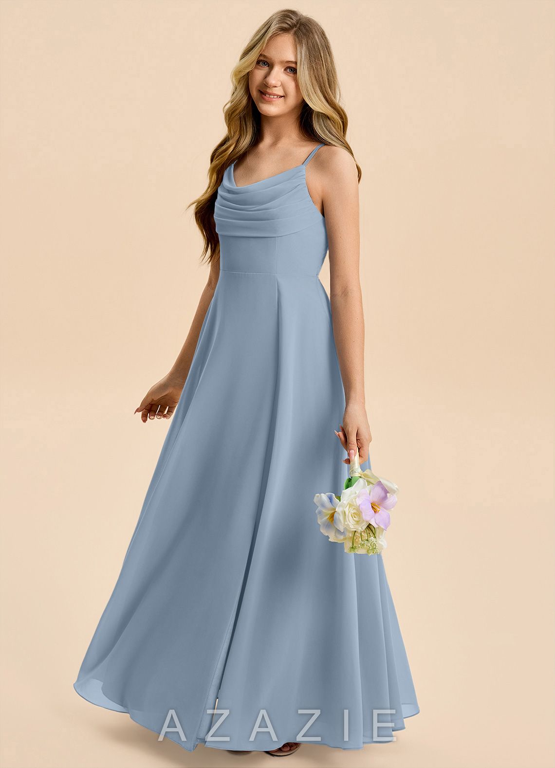 Azazie Gia Junior Dusty Blue A-Line Pleated Chiffon Dress dusty_blue