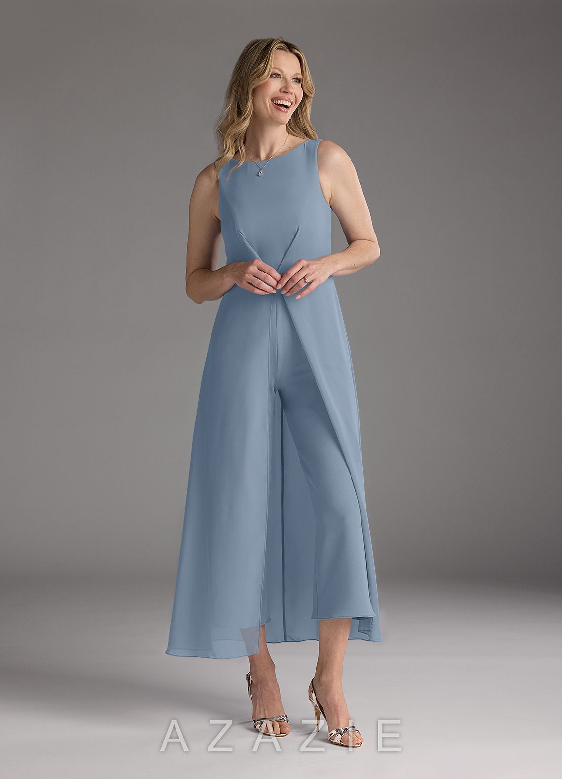 Azazie Anitta Dusty Blue Jumpsuit/Pantsuit Pleated Stretch Crepe Dress