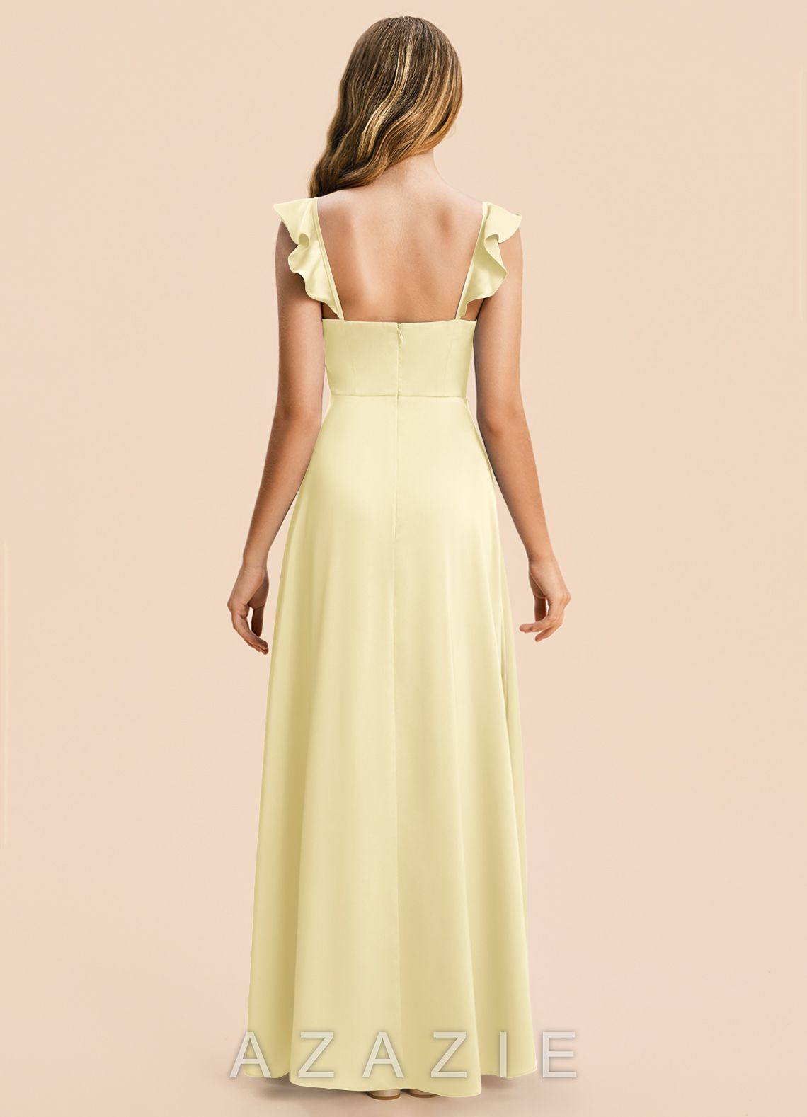 Azazie Mavie Junior Lemon Sorbet A-Line Ruched Stretch Satin Dress lemon_sorbet