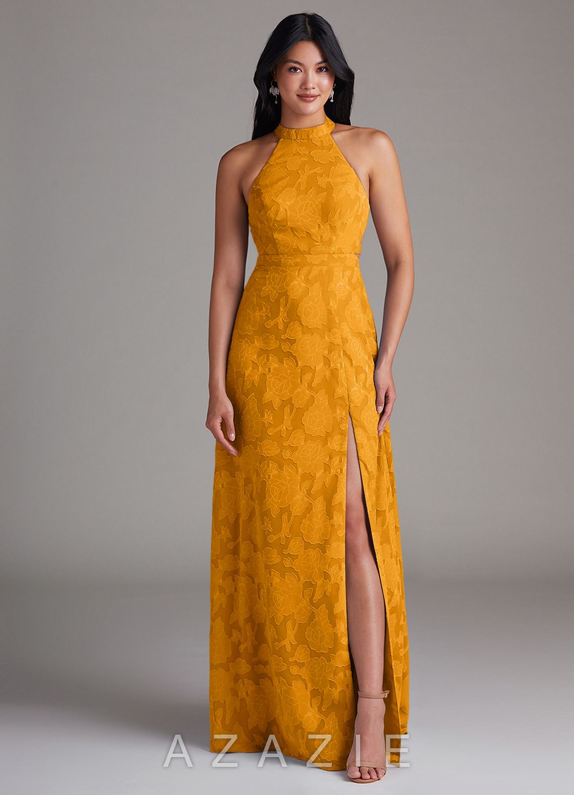 Azazie Clarice Butterscotch A-Line Side Slit Floral Burnout Dress butterscotch
