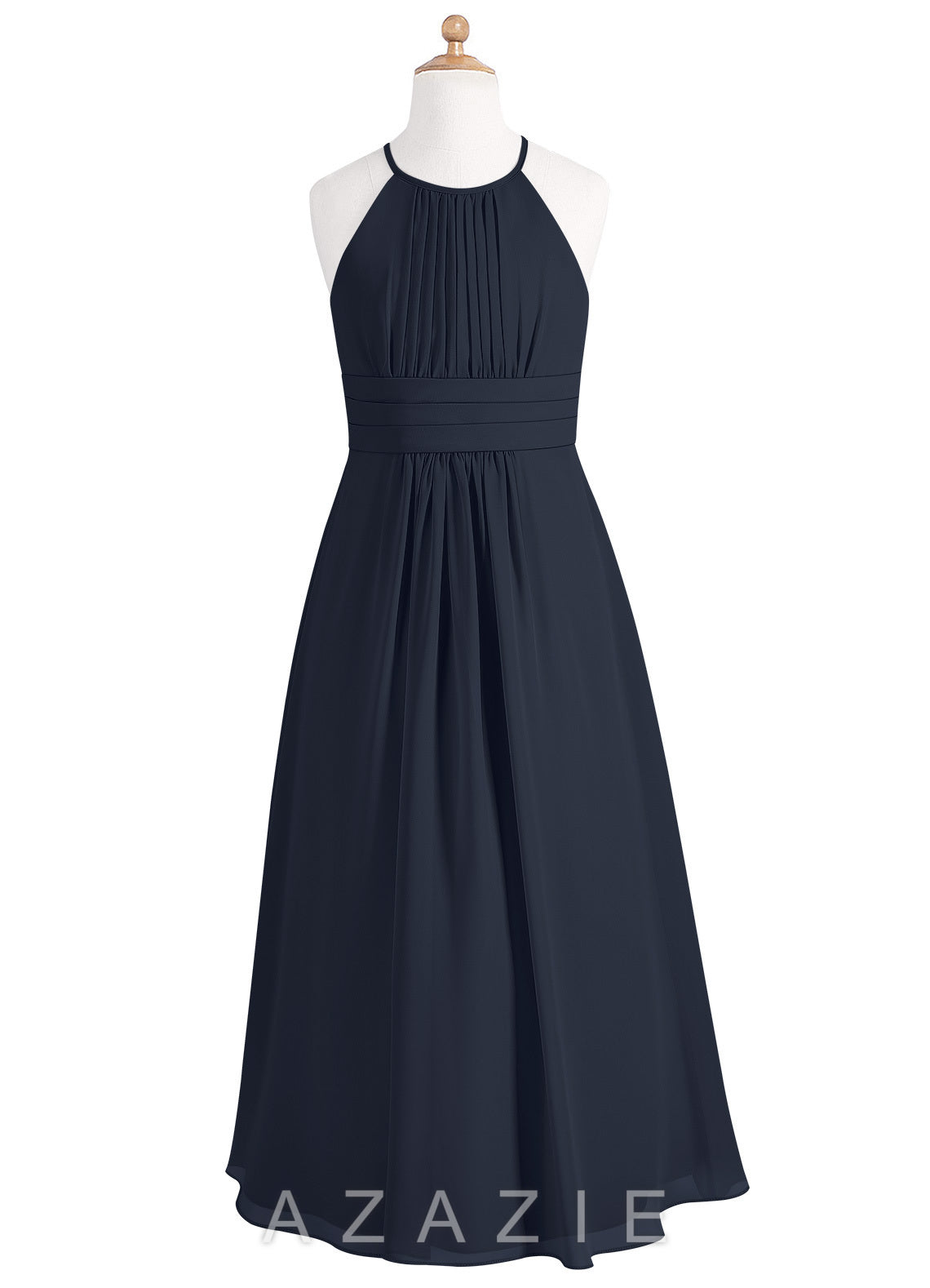 Azazie Bonnie Junior Dark Navy A-Line Pleated Chiffon Dress dark_navy