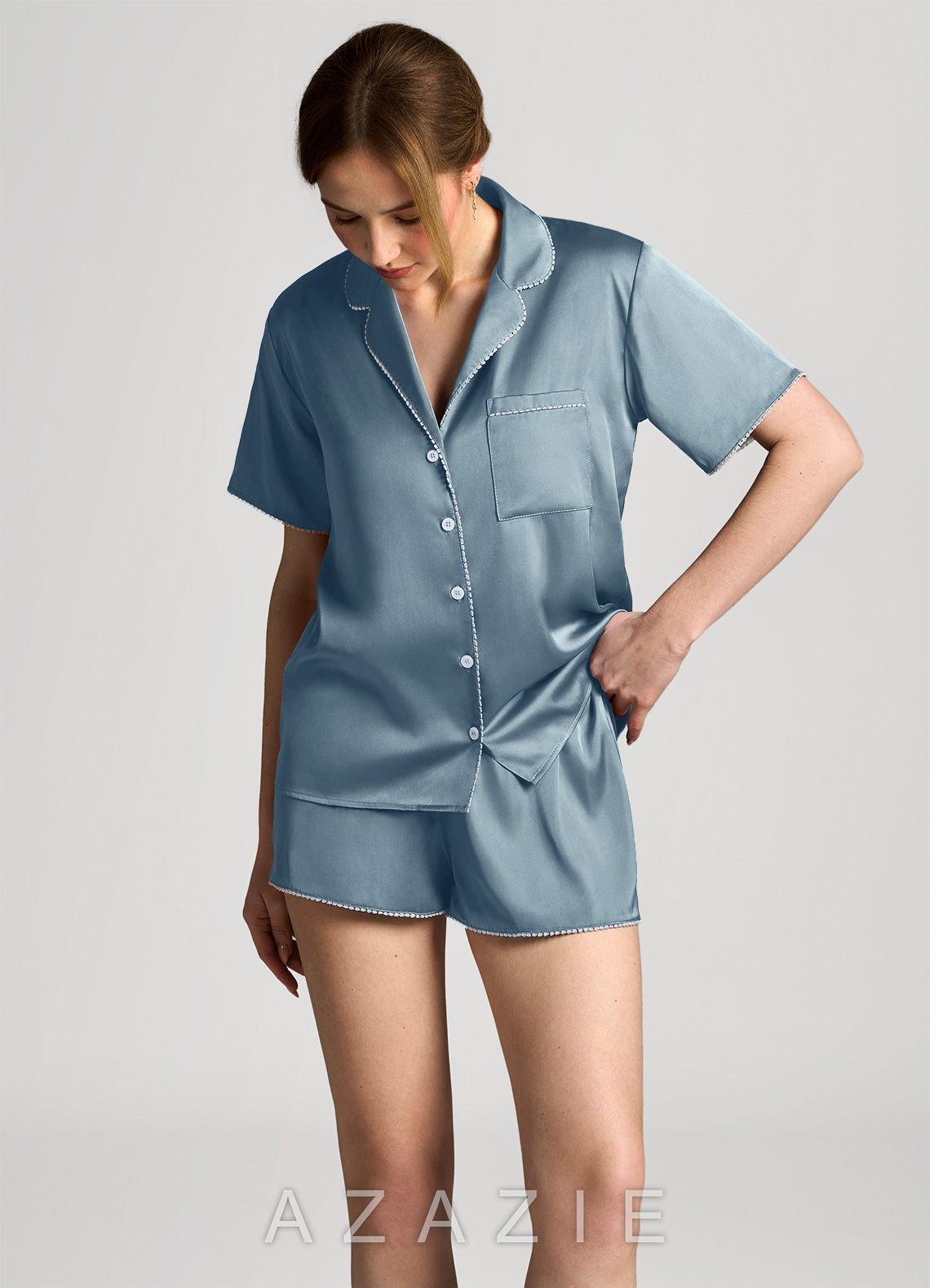 Satin Lurex Trim Short Sleeve Pajama Set