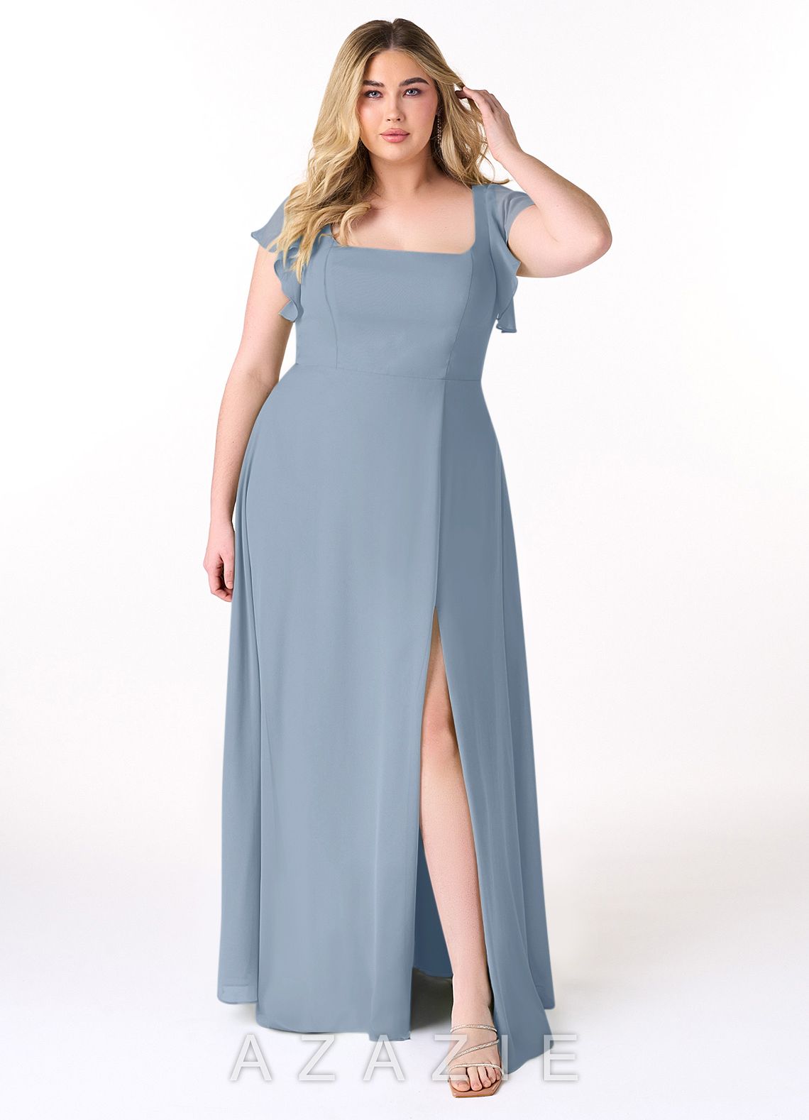 Azazie Bondi Dusty Blue A-Line Ruffled Chiffon Dress dusty_blue