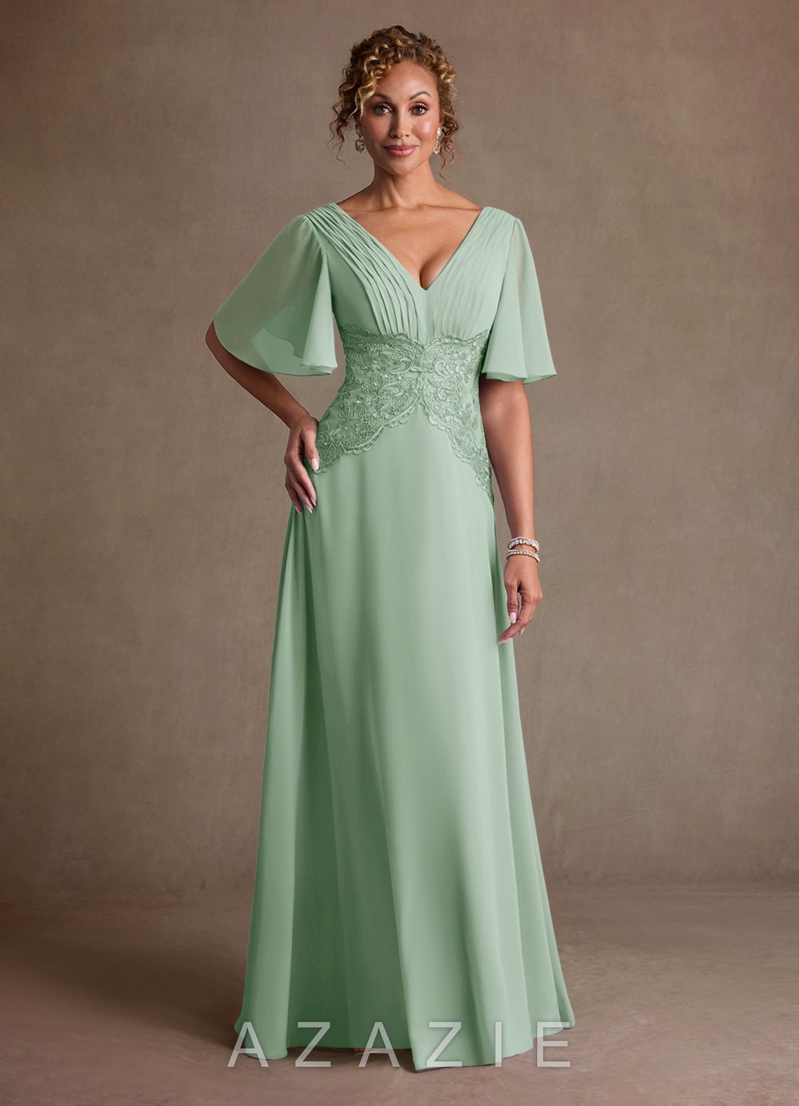 Azazie Milliat Agave A-Line Lace Chiffon Dress