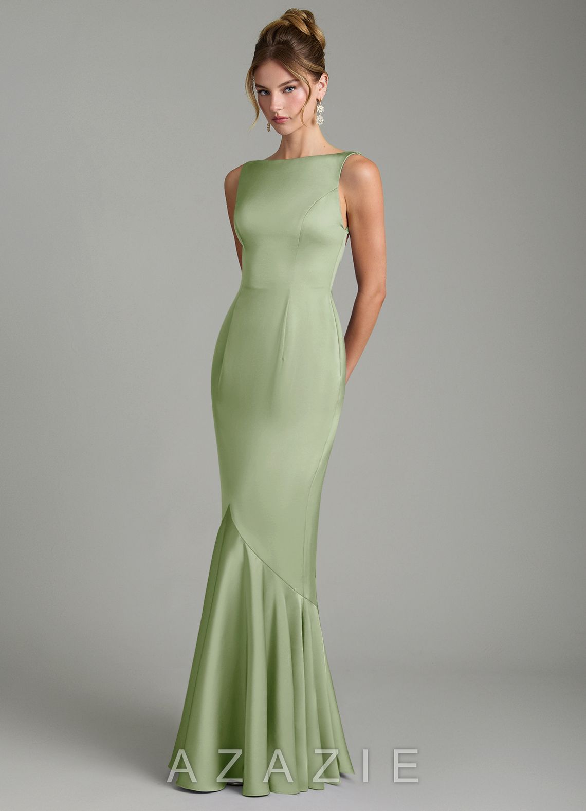 Azazie Tamera Dusty Sage Mermaid Pleated Stretch Satin Dress dusty_sage
