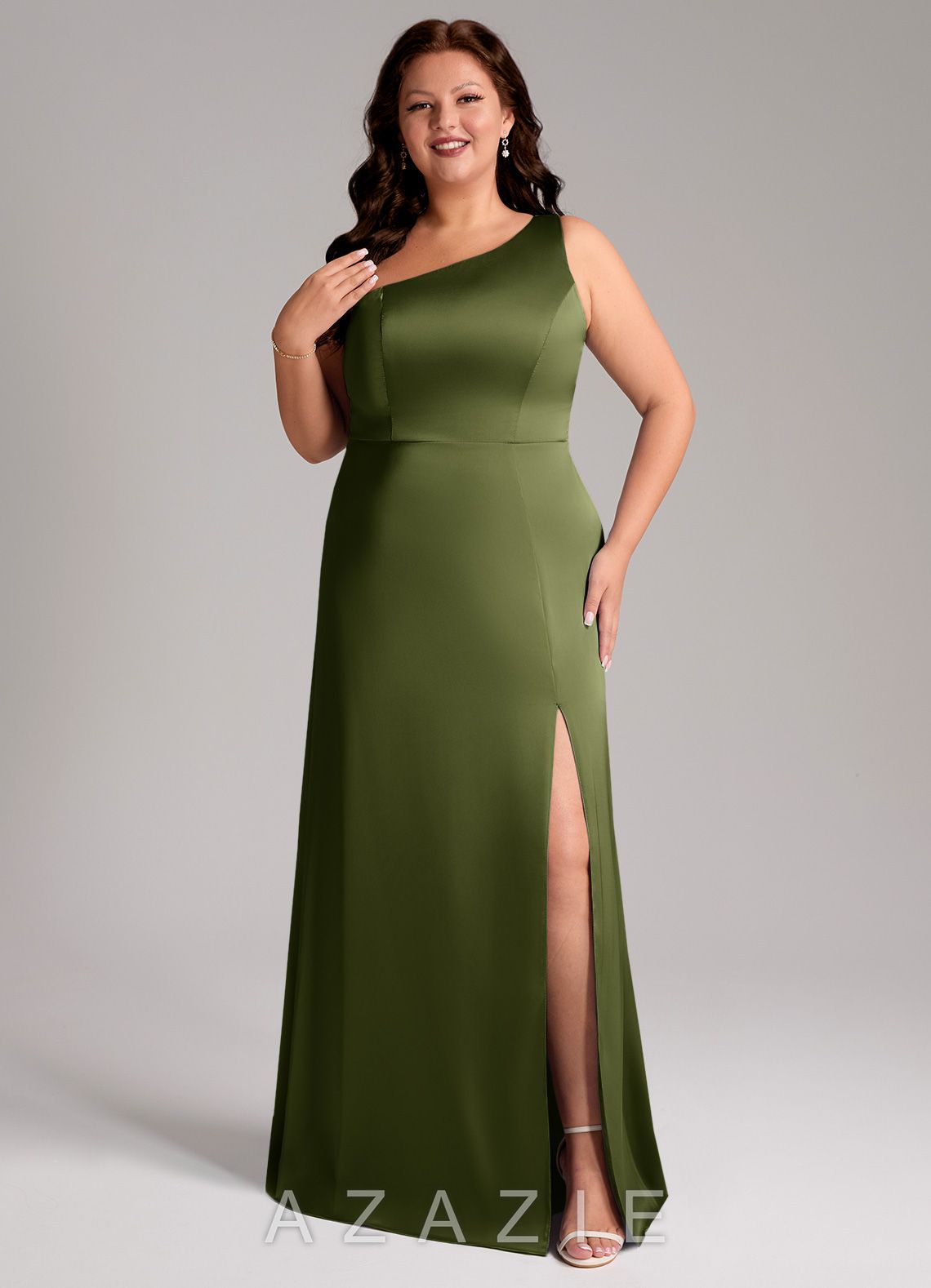 Azazie Phaedra Olive A-Line One Shoulder Stretch Satin Dress olive