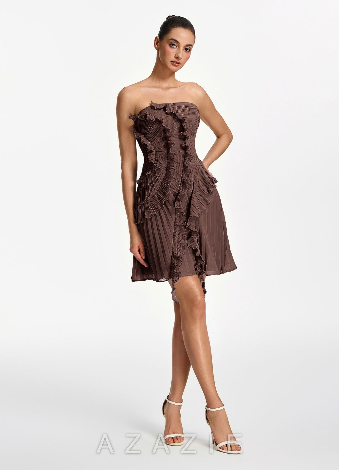 Ilona Ganache Strapless Pleated Ruffle Lace Up Mini Dress