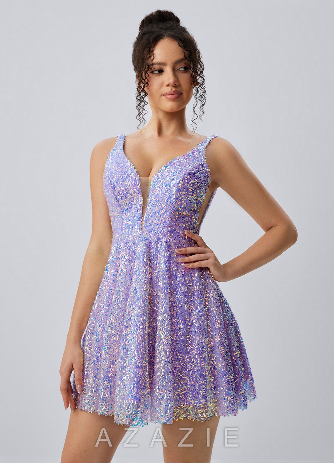 Manon Purple V-Neck Iridescent Sequin Skater Mini Dress
