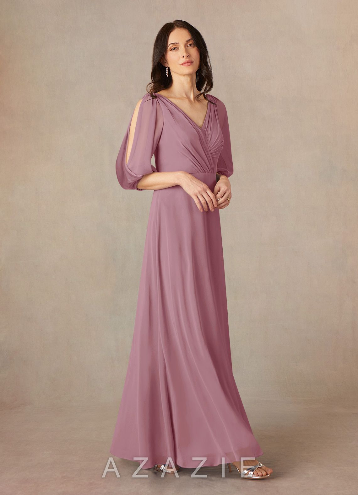 Azazie Bronwyn Vintage Mauve A-Line V-Neck Ruched Chiffon Dress