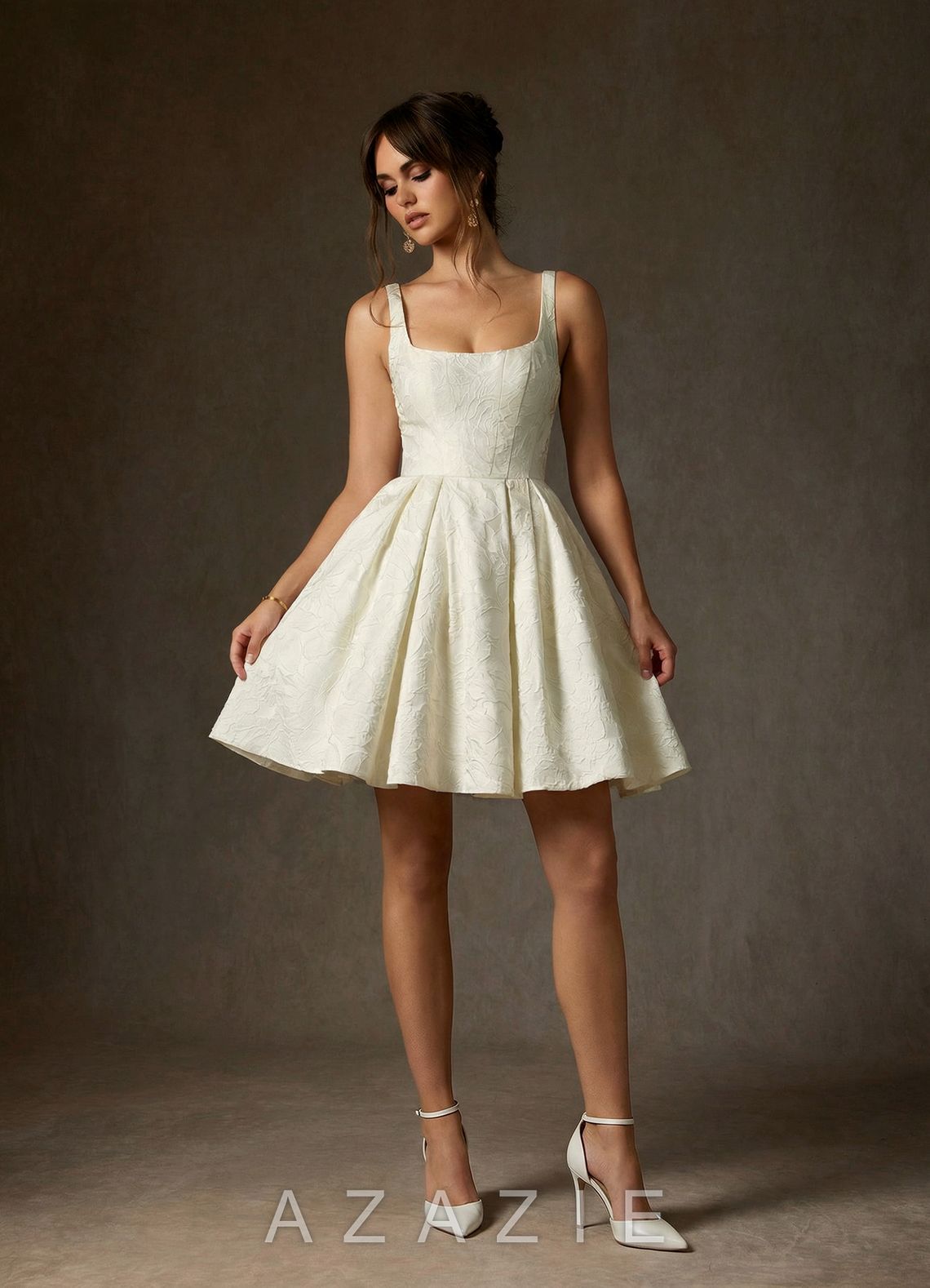 Azazie Ruby Antique White A-Line with Pockets Floral Jacquard Dress antique_white