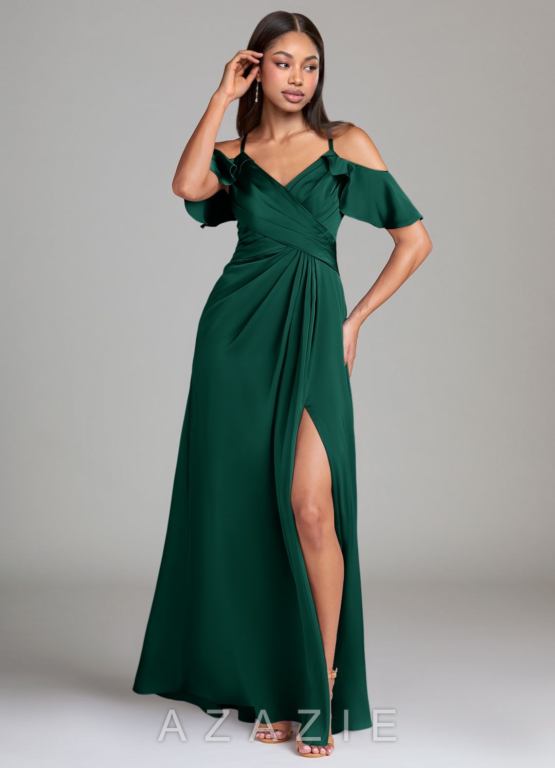 Azazie Dakota Emerald A-Line Off the Shoulder Stretch Satin Dress emerald
