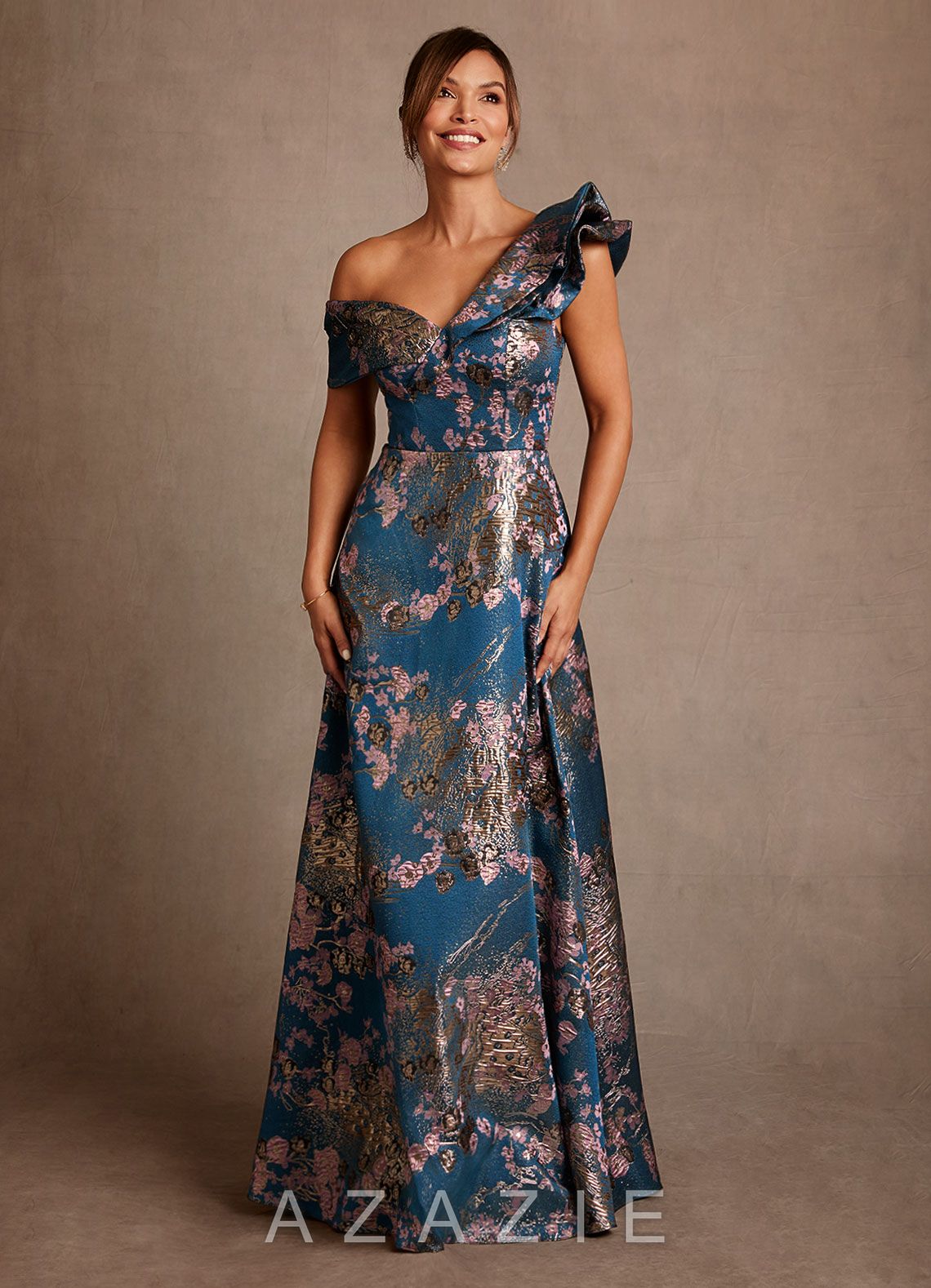 Azazie Des Moines Teal Floral A-Line One Shoulder Floral Jacquard Dress teal_floral