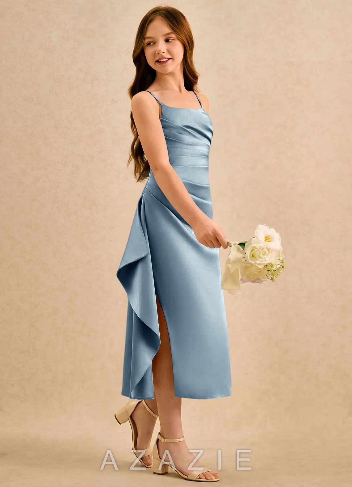 Azazie Canna Girls Formal Dusty Blue A-Line Pleated Stretch Satin Dress