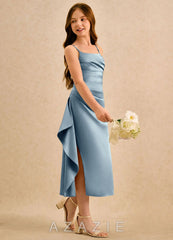 Azazie Canna Girls Formal Dusty Blue A-Line Pleated Stretch Satin Dress
