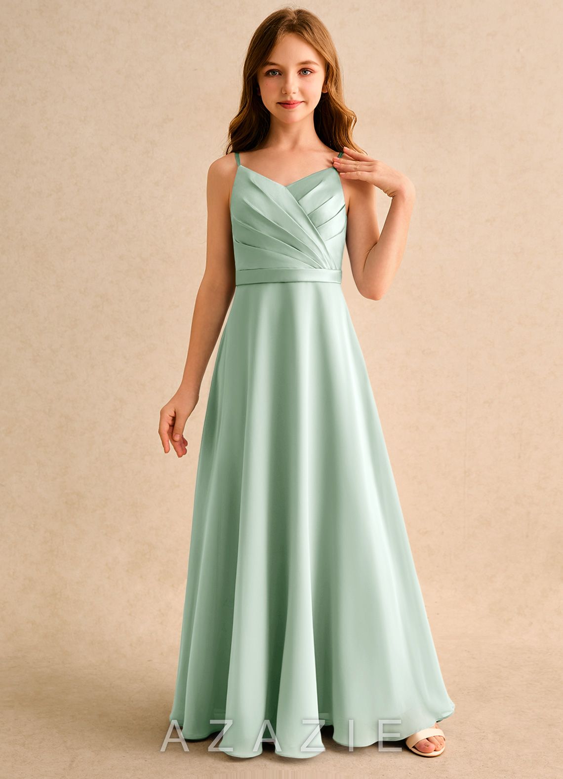 Azazie Umina Girls Formal Agave A-Line Pleated Matte Satin Dress