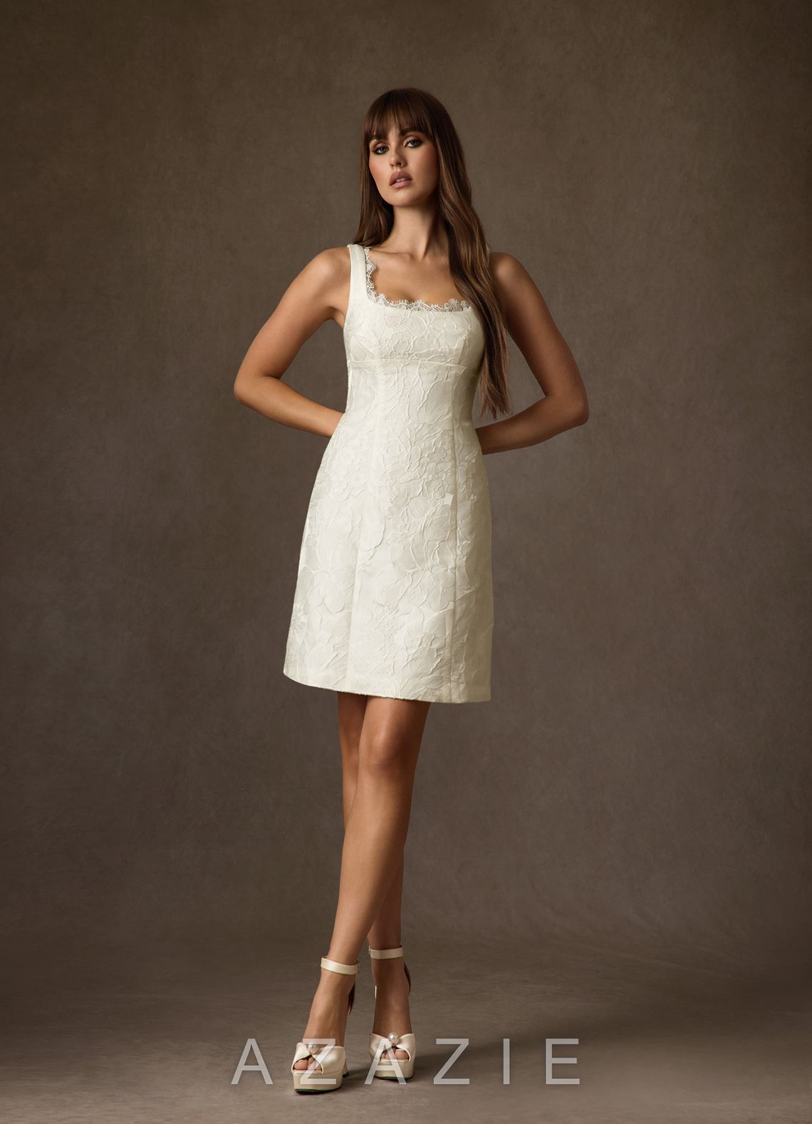 Azazie Janet Antique White A-Line Square Neckline Floral Jacquard Dress antique_white