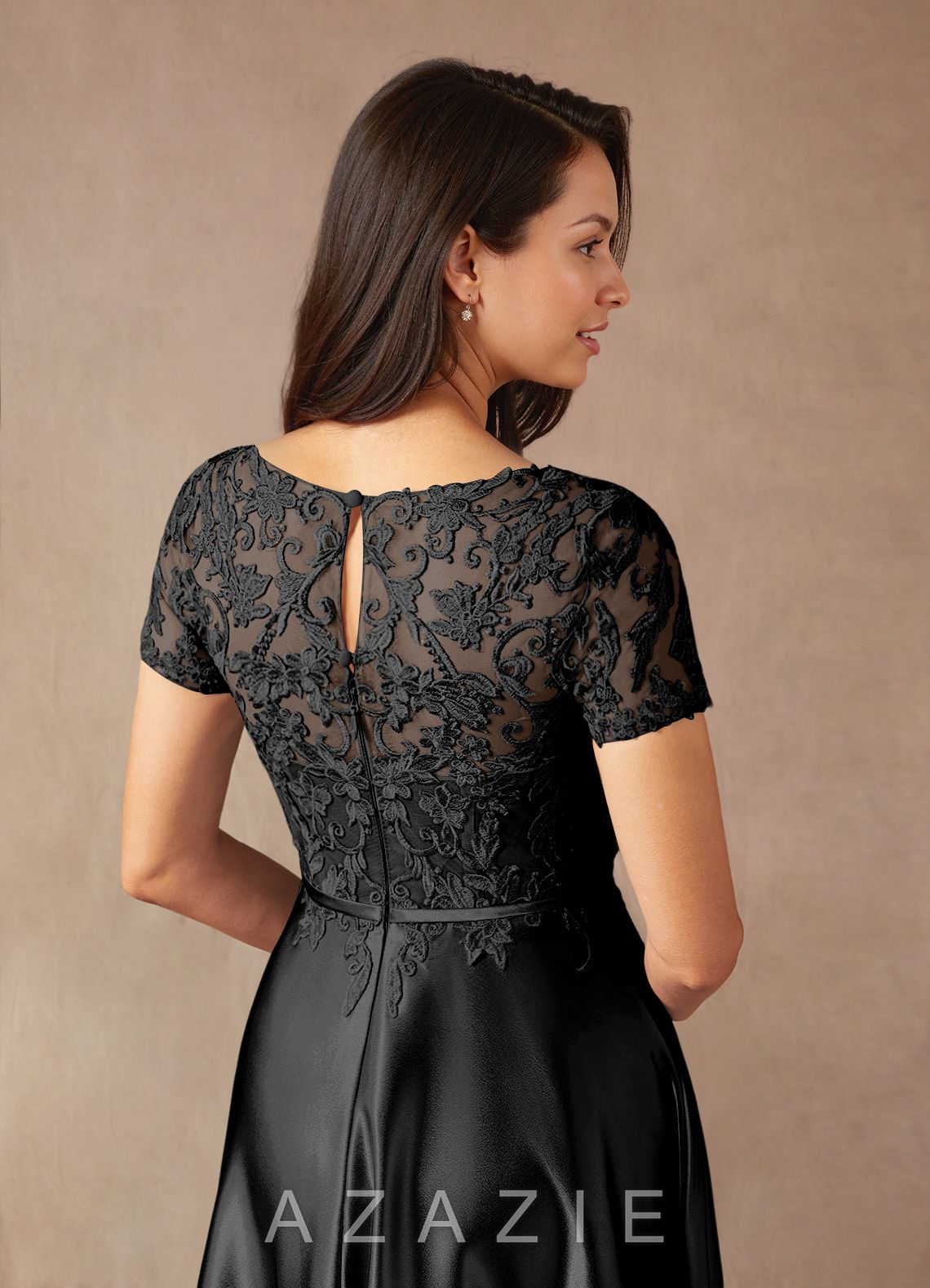 Azazie Adina Black A-Line Lace Metallic Satin Dress black