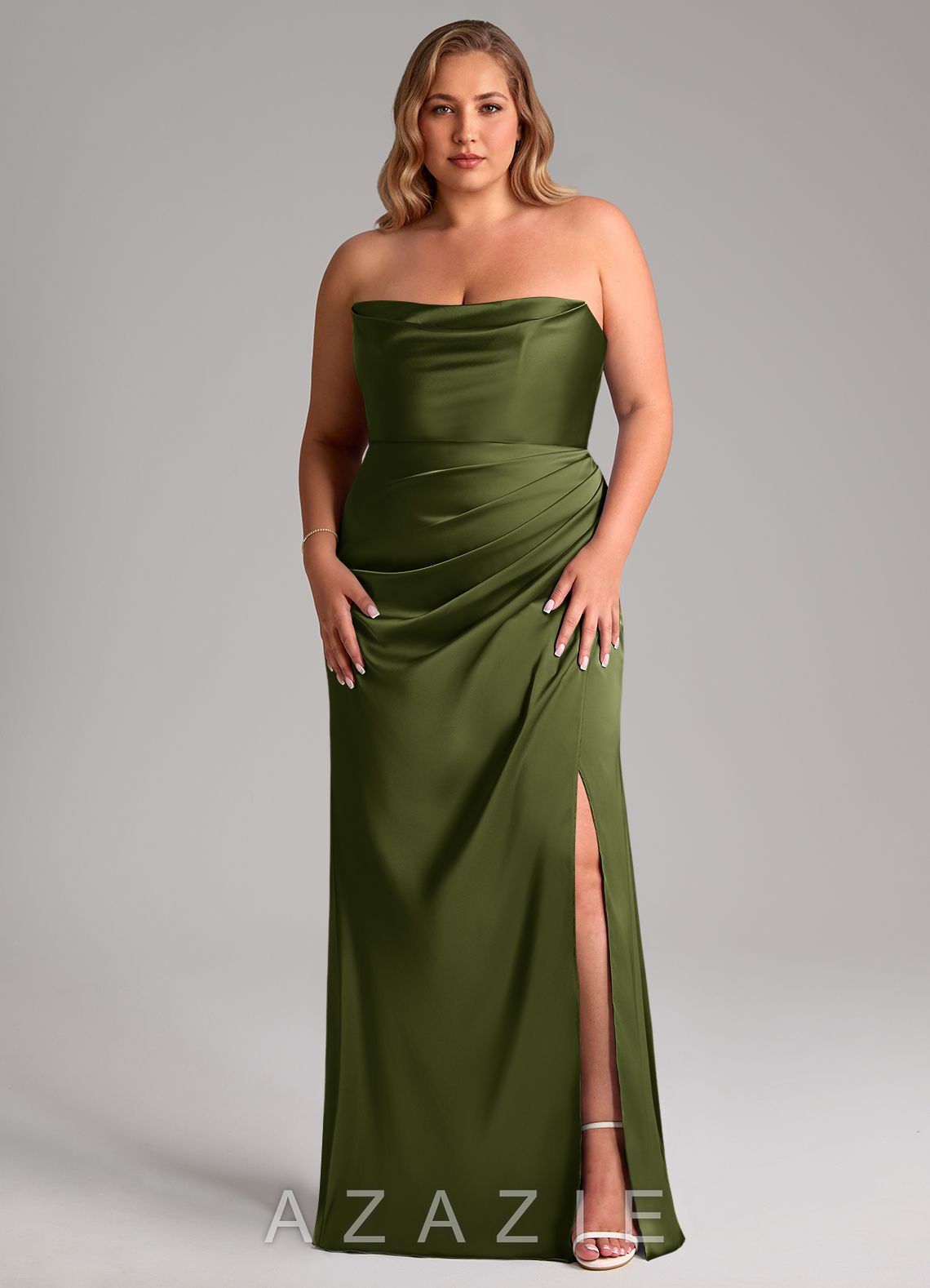 Azazie Leonis Olive Mermaid Pleated Stretch Satin Convertible Dress olive