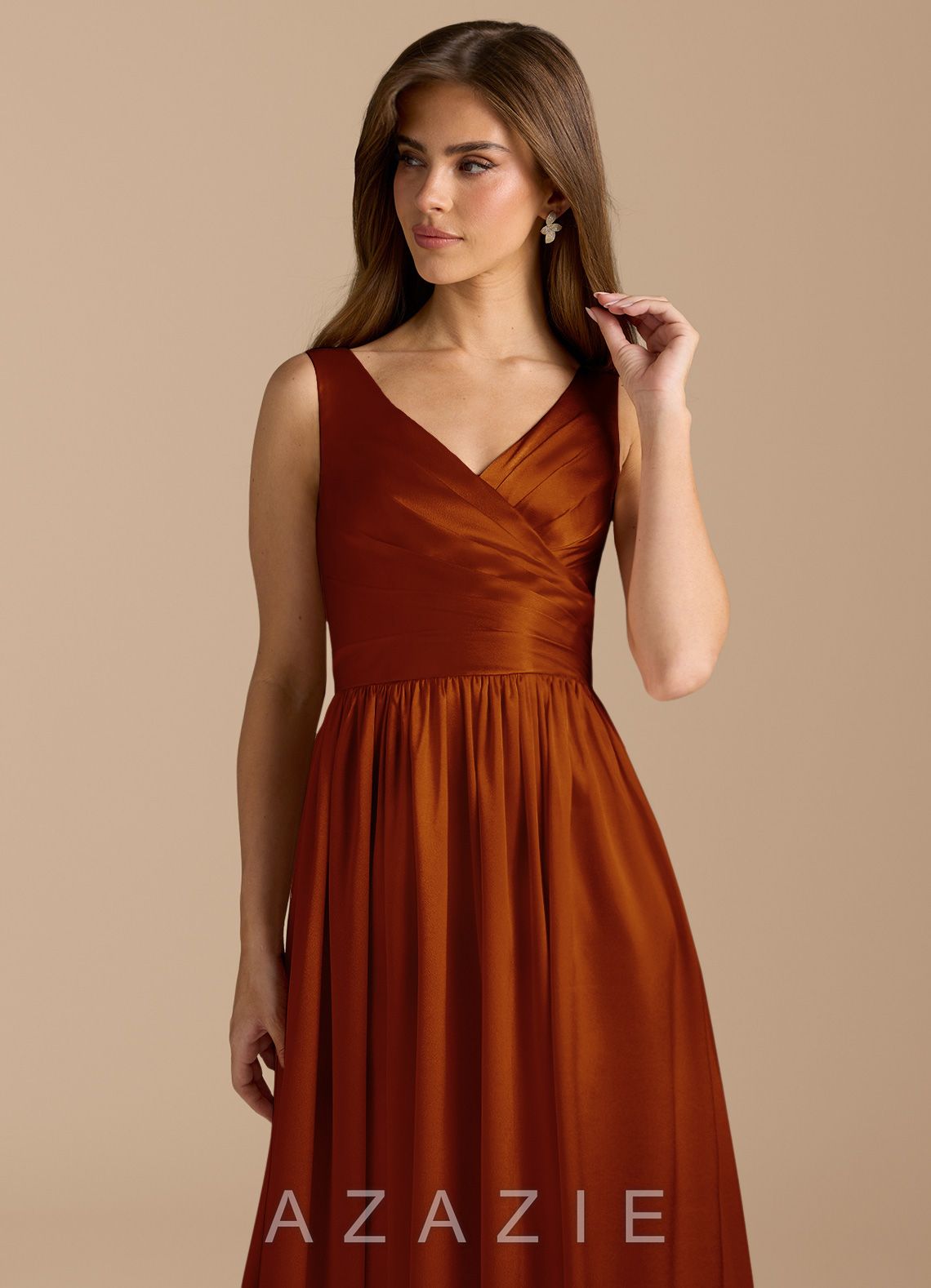 Azazie Keyla Auburn A-Line Pleated Metallic Satin Dress auburn
