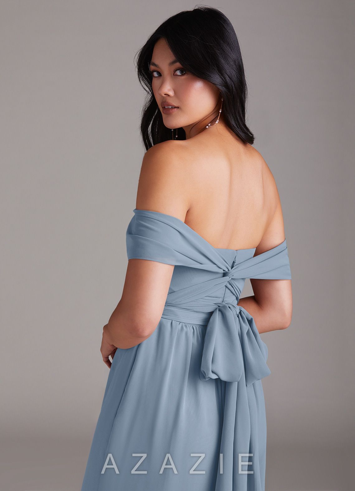 Azazie Lamara Dusty Blue Off the Shoulder Chiffon Convertible Jumpsuit dusty_blue
