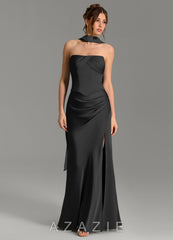 Azazie Nicki Black Sheath Corset Stretch Satin Dress