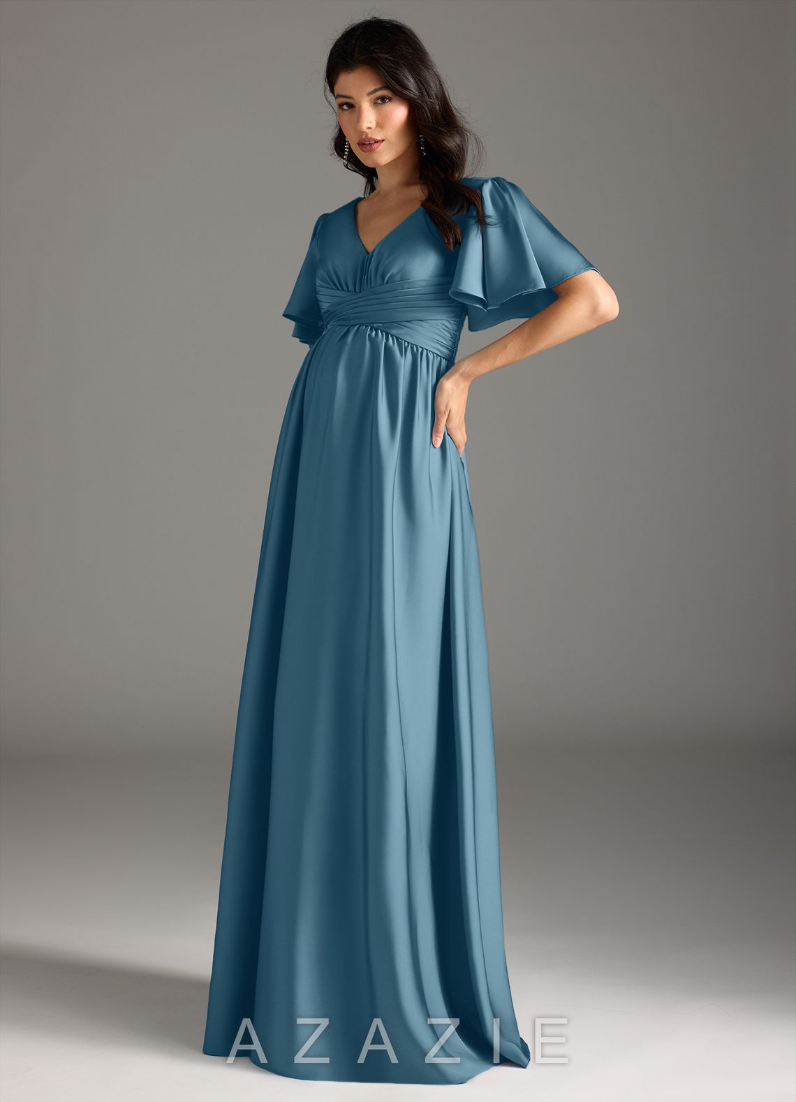 Azazie Verna A-Line Ruched Stretch Satin Floor-Length Dress bermuda