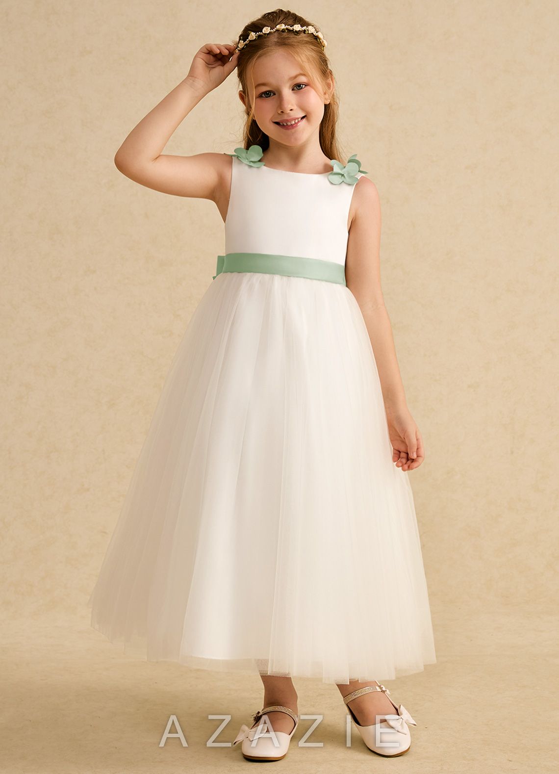 Azazie Lilli Ivory Dusty Sage A-Line Bow Tulle Dress ivory/dusty_sage