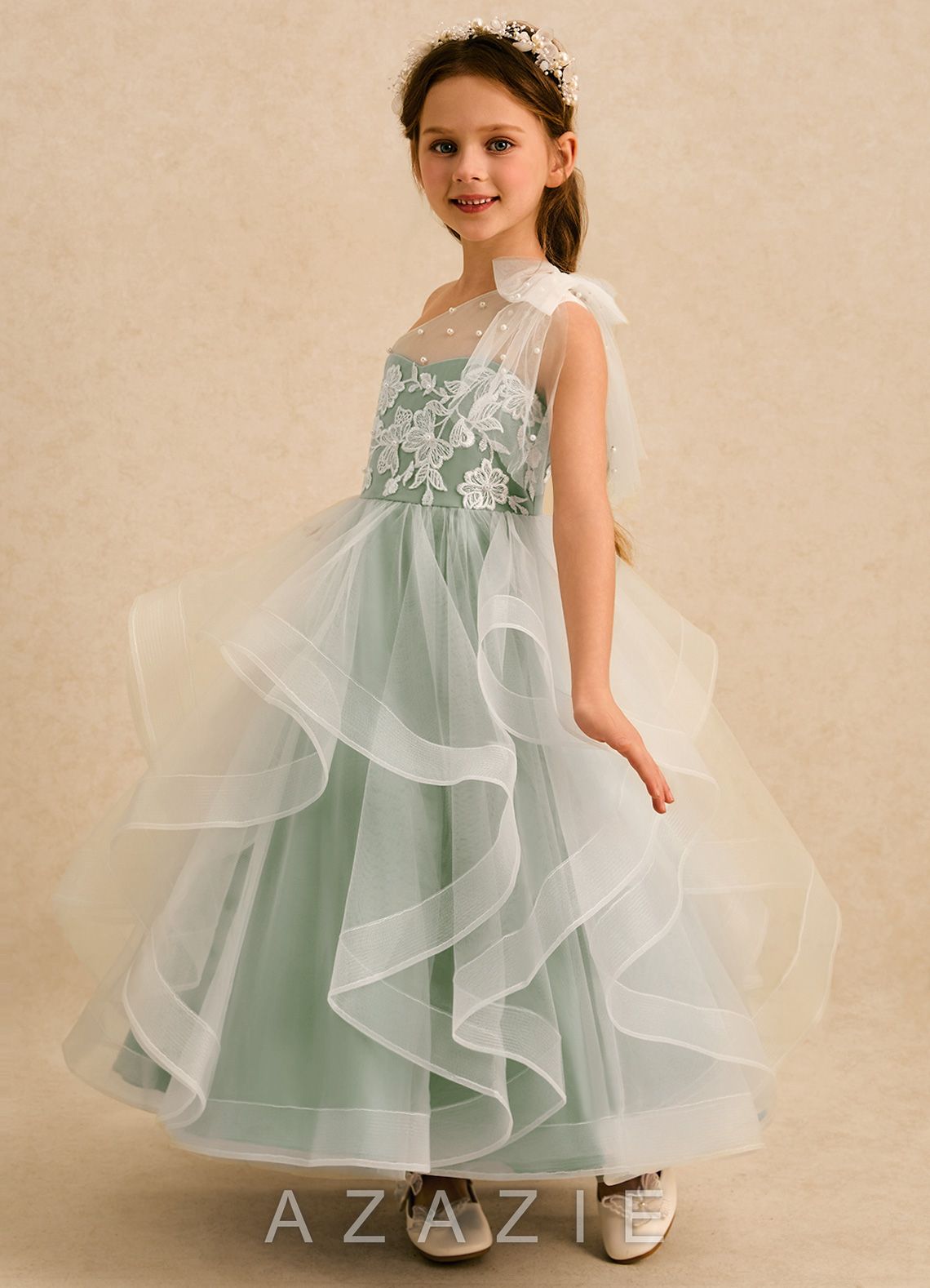 Azazie Zoey Dusty Sage Ball-Gown Lace Tulle Dress dusty_sage