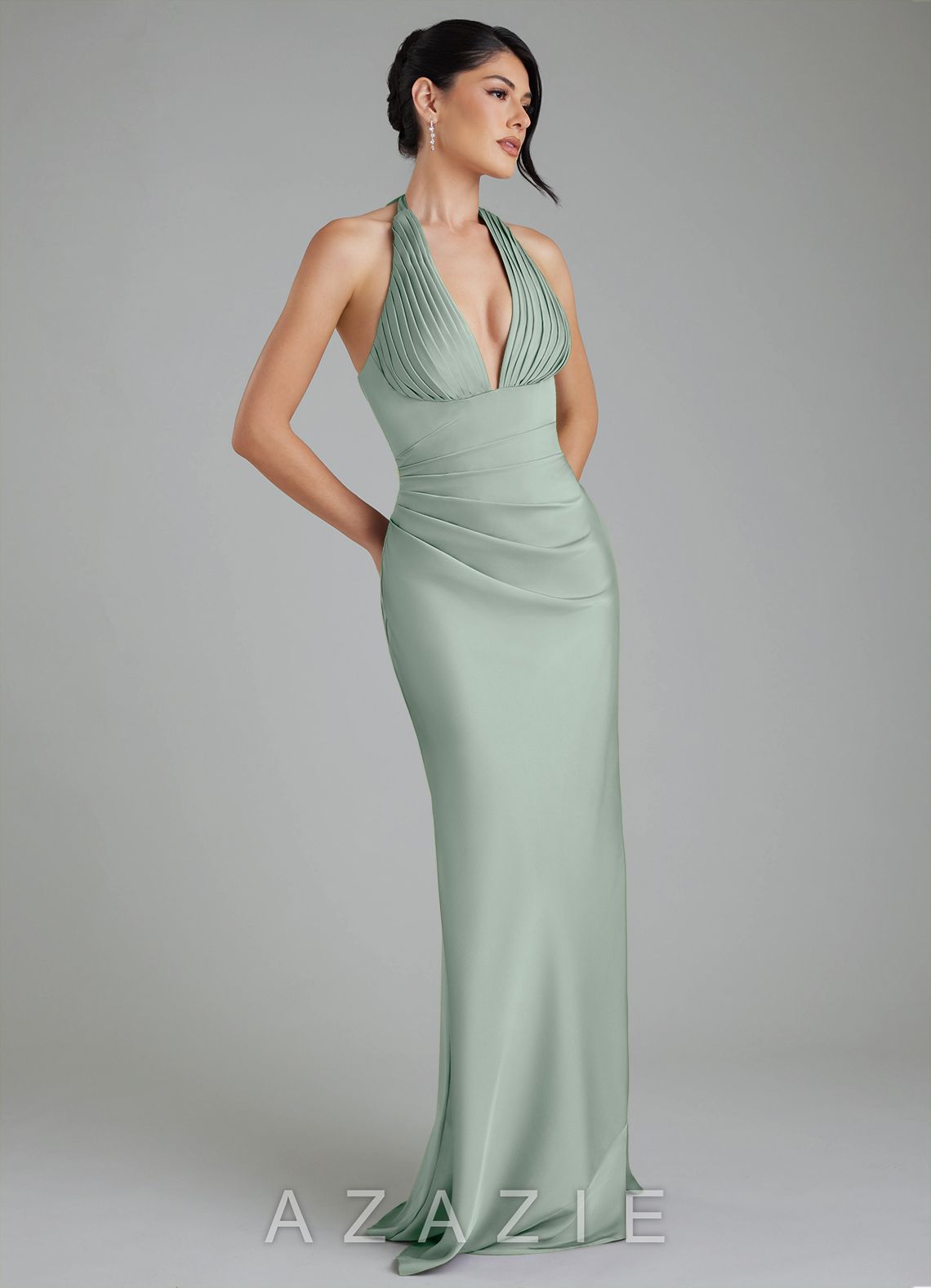 Azazie Torrance Agave Mermaid Corset Stretch Satin Dress