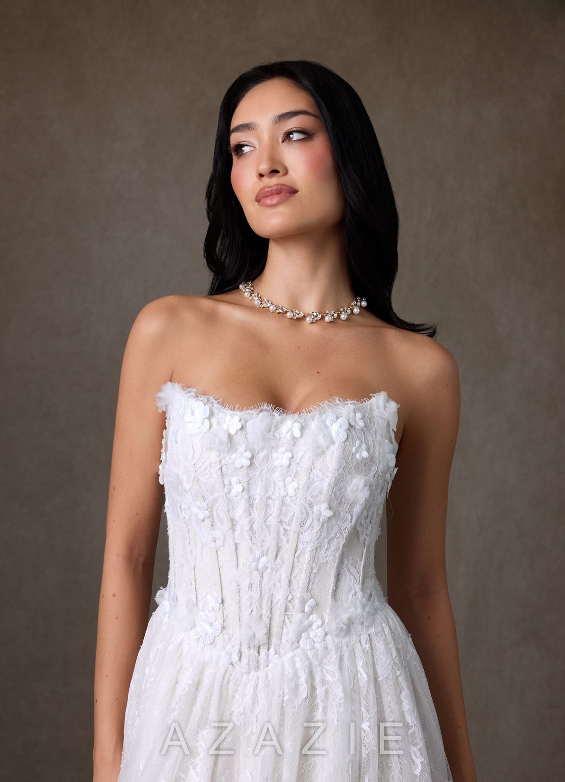 Azazie Vanessa Diamond White Ball-Gown Strapless Lace Dress diamond_white