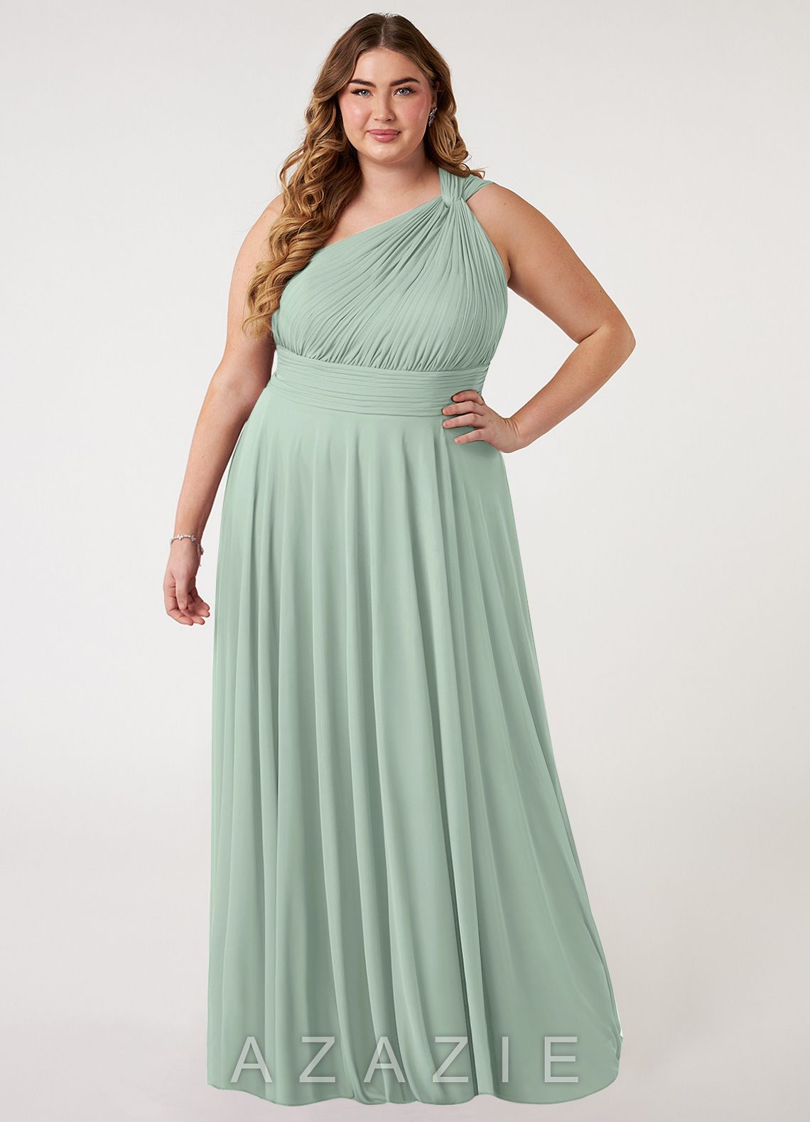 Azazie Charlize Agave A-Line One Shoulder Mesh Dress agave