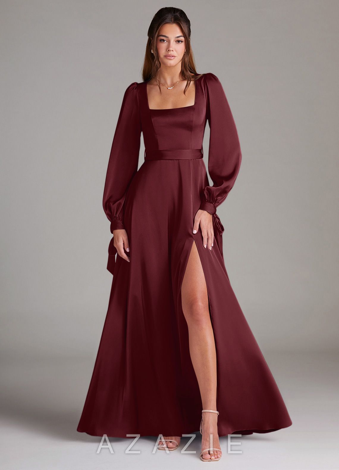 Azazie Leonia Cabernet A-Line Long Sleeve Stretch Satin Dress