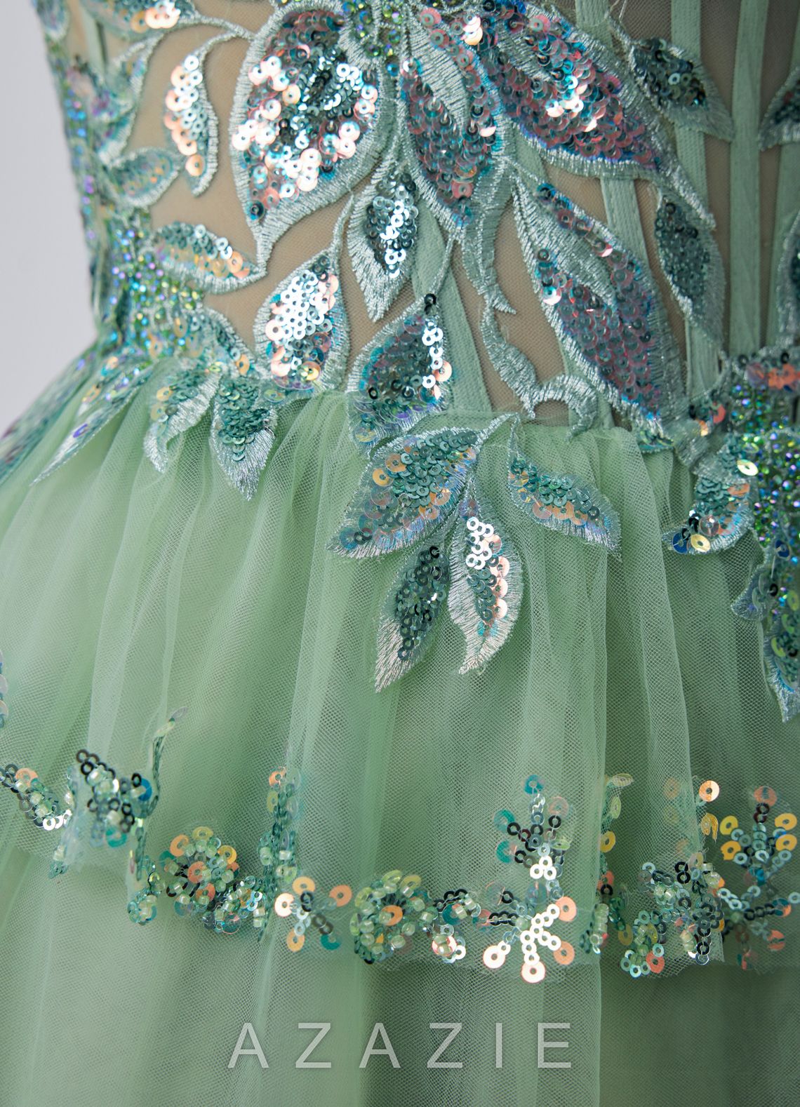 Esmayabella Sage Sequin Embroidery Beading Ruffles Corset Tulle Mini Dress