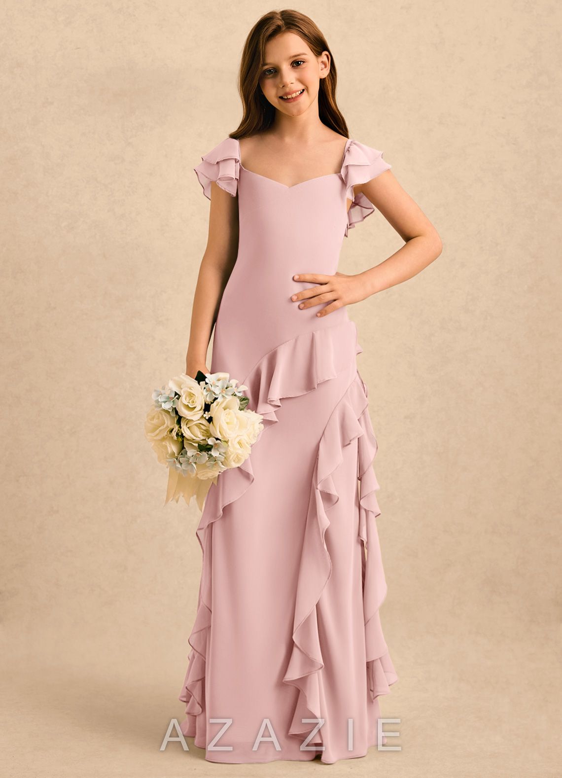 Azazie Ada Girls Formal Powder Pink Sheath Ruched Chiffon Dress powder_pink