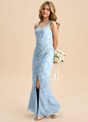 Azazie Mero Junior Sky Blue Sheath Pleated Floral Burnout Dress