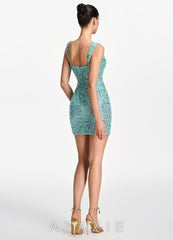 Sylvestrina Lake Blue Beading Sequin Embroidery Stretch Tulle Square-Neck Tank M