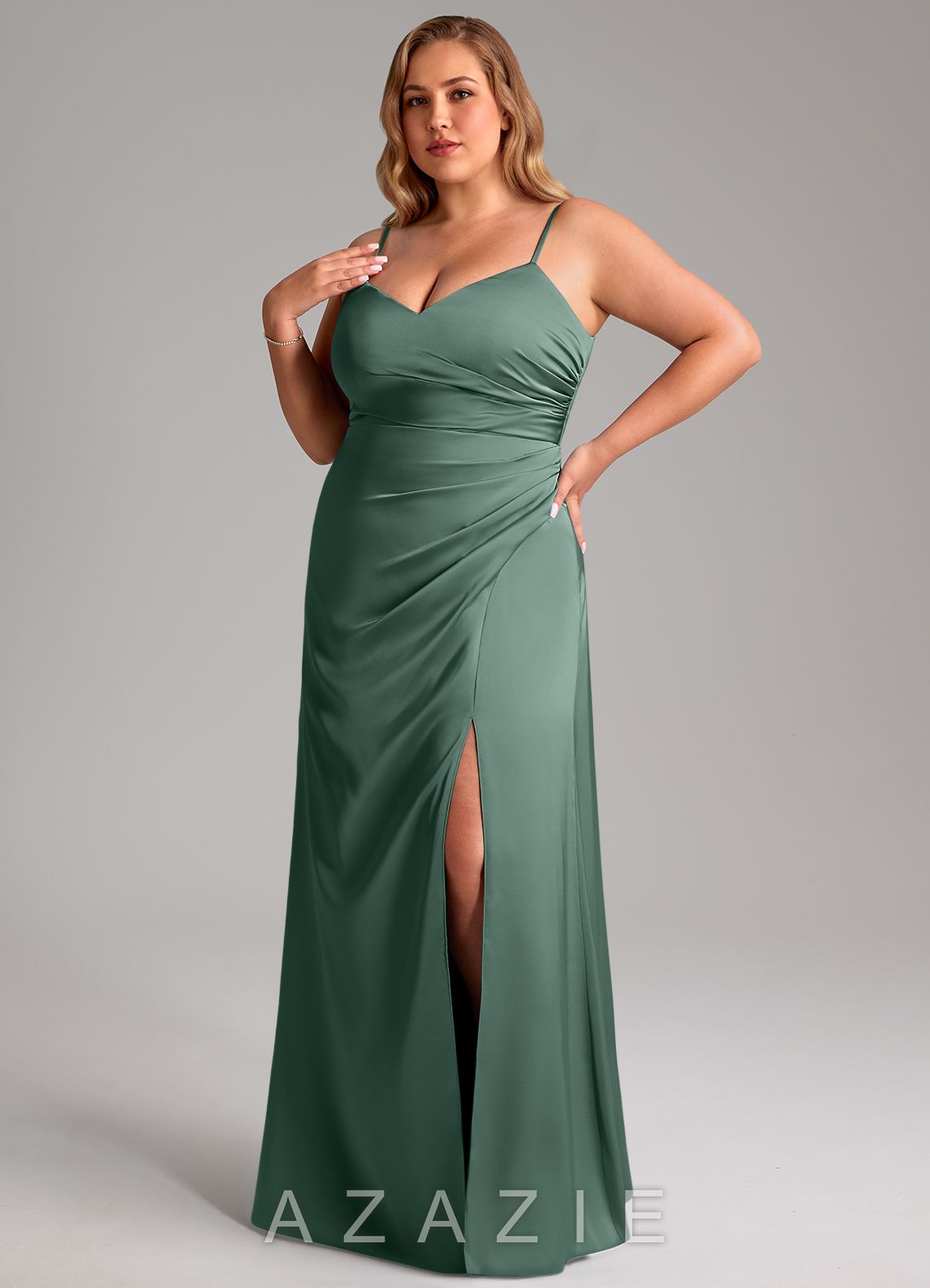 Azazie Azuree Eucalyptus A-Line Pleated Stretch Satin Dress eucalyptus
