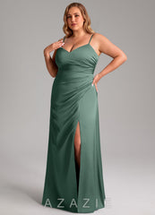 Azazie Azuree Eucalyptus A-Line Pleated Stretch Satin Dress eucalyptus