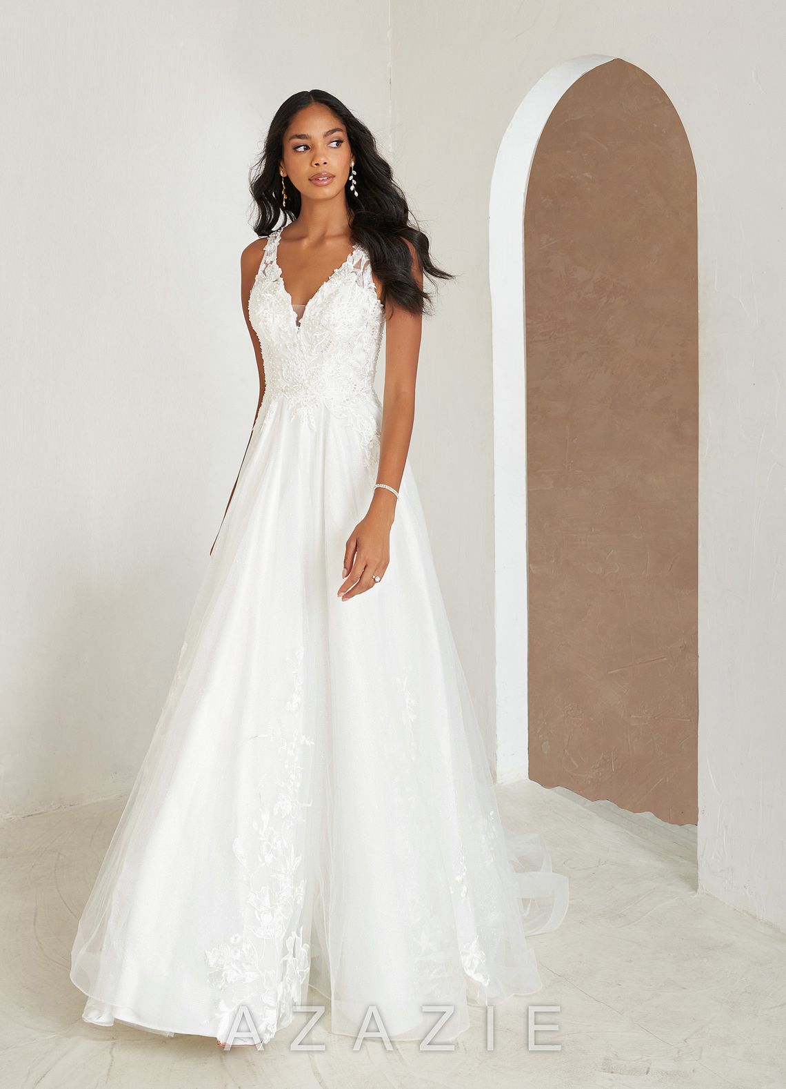 Azazie Glinda Wedding Dress Diamond White A-Line Sequins Matte Satin Dress diamond_white