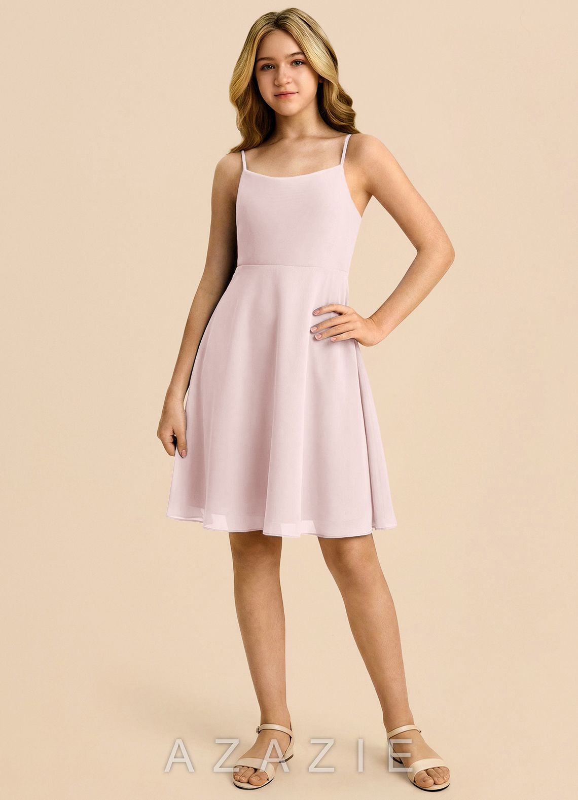 Azazie Shale Junior Blushing Pink A-Line Bow Chiffon Dress blushing_pink