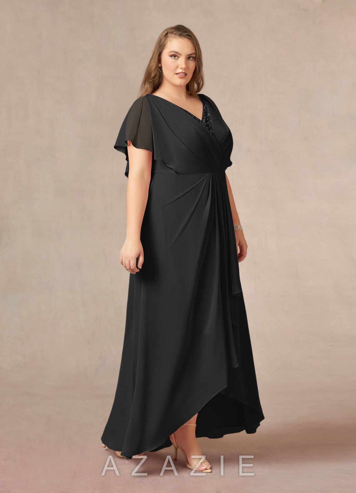 Azazie Eliza Black A-Line V-Neck Pleated Chiffon Dress black