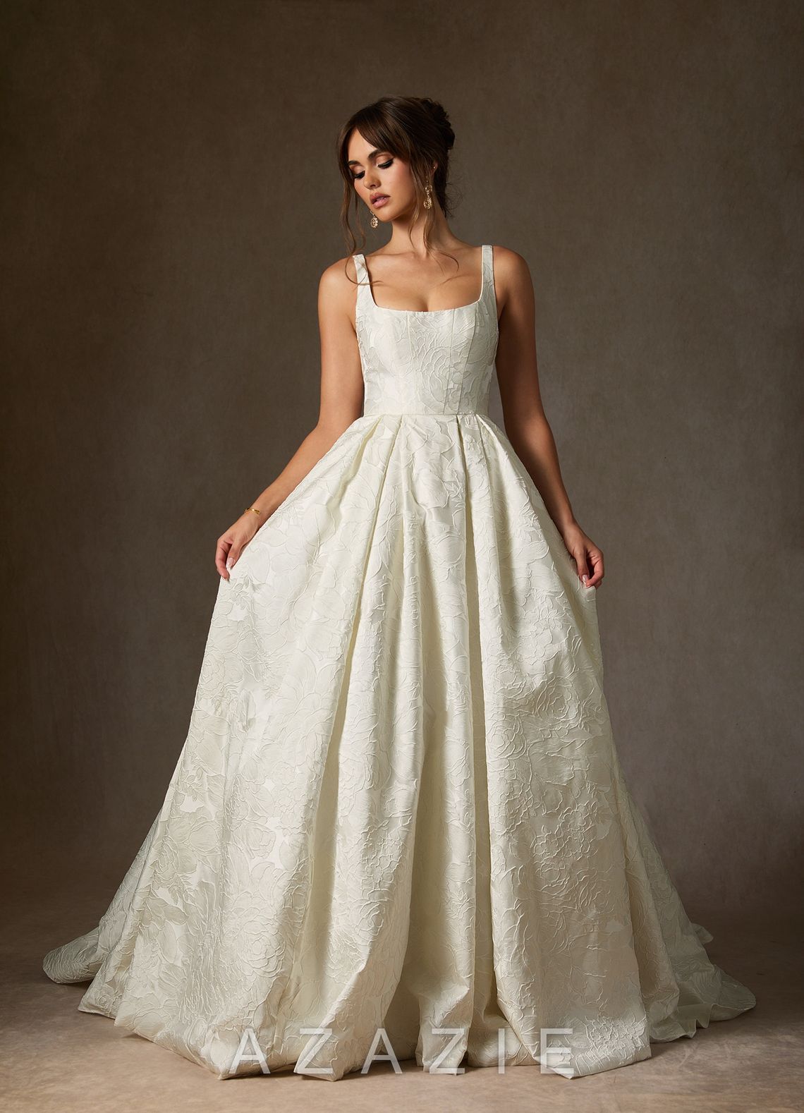 Azazie Ruby Antique White Ball-Gown with Pockets Floral Jacquard Dress antique_white